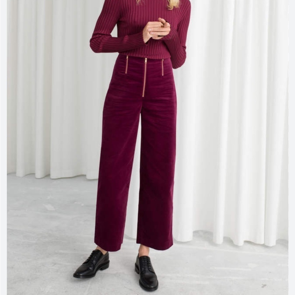 & Other Stories Red Burgundy Velour Cropped High Waisted Wide Leg Pants